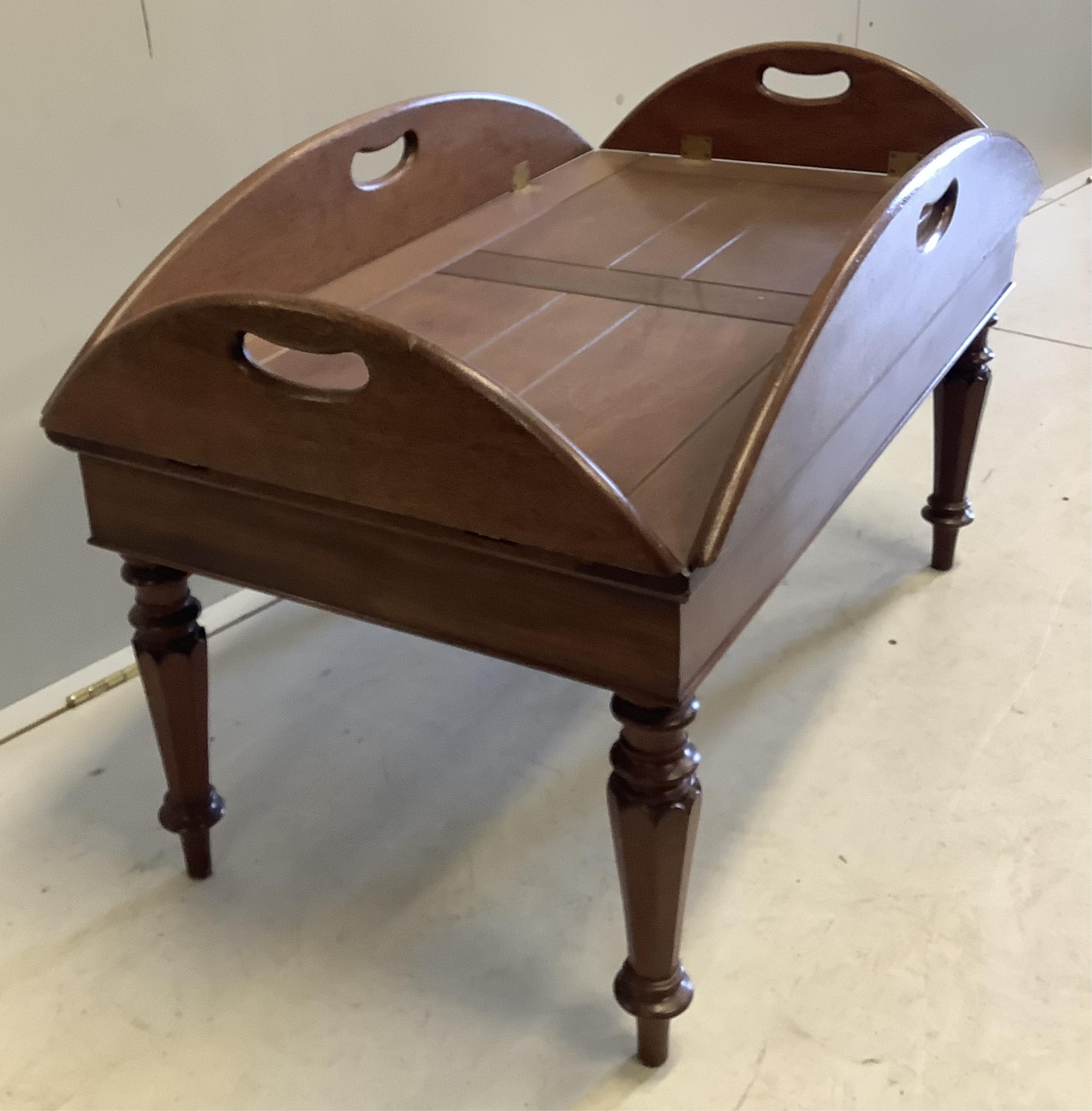 A reproduction mahogany butler's tray on stand, width 95cm, depth 54cm, height 58cm. Condition - fair